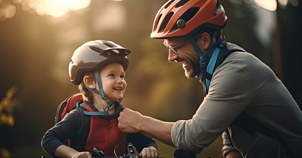 Vader met fietshelm op helpt zijn zoon om de fietshelm vast te maken