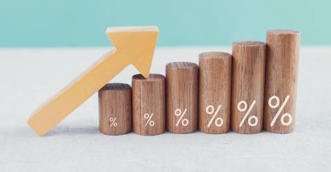 Houten blokjes met percentage teken en een stijgende lijn